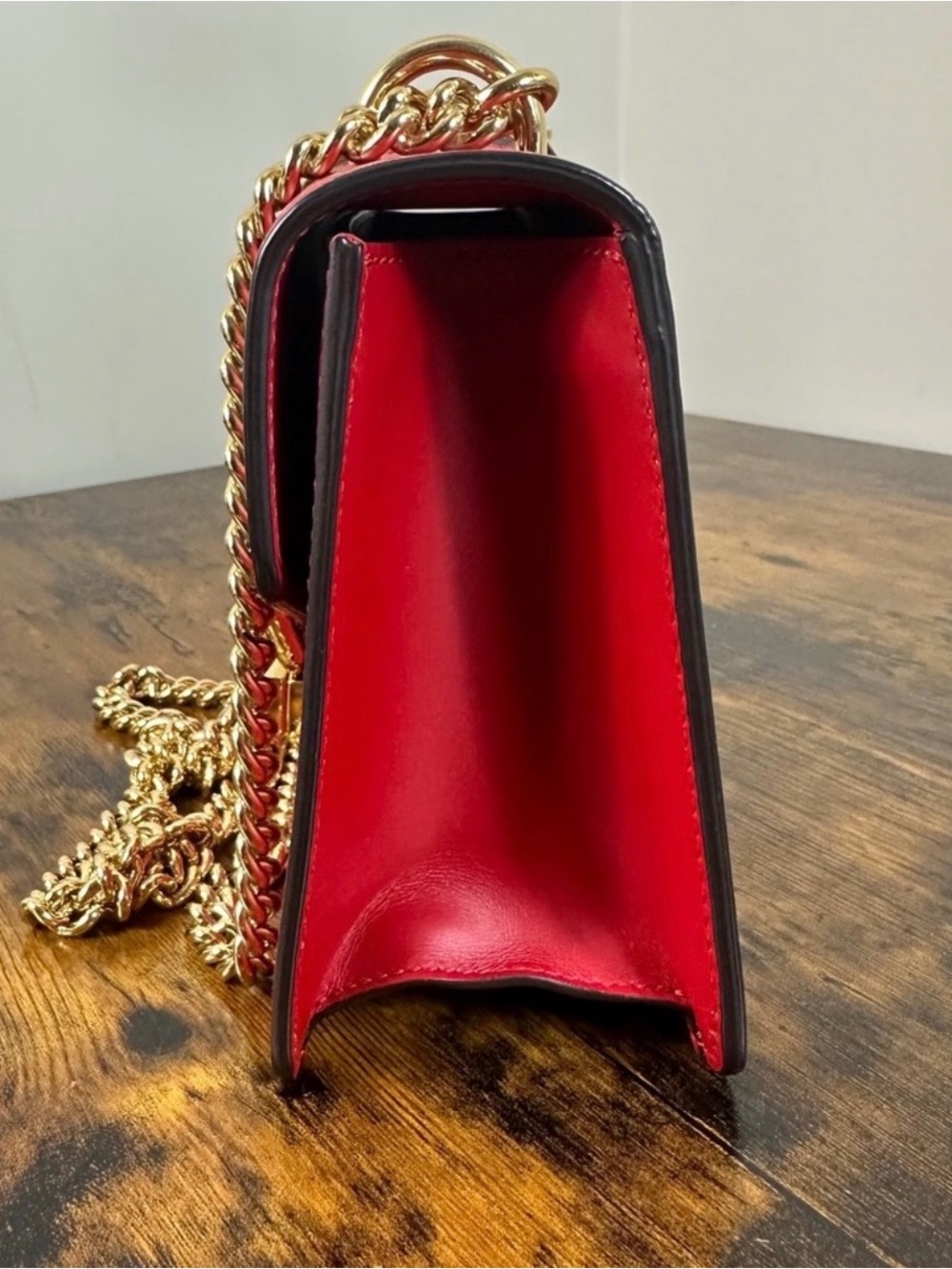 Gucci Sylvie Red Leather Shoulder Bag Gold Chain Web Stripe Crossbody - Picture 12 of 16